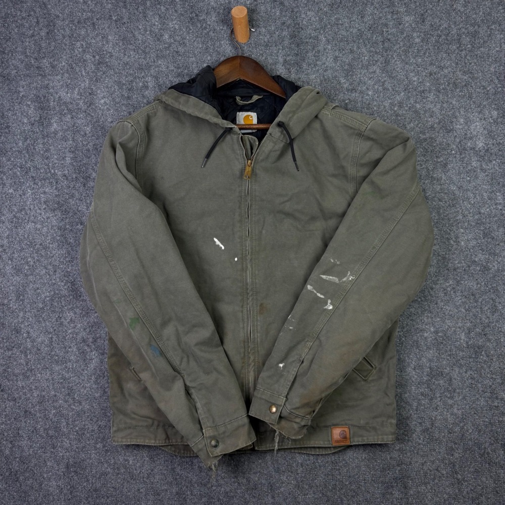 Carhartt Active Jacket Mens M Green J130 Distressed Moss Canvas Hooded Workwear